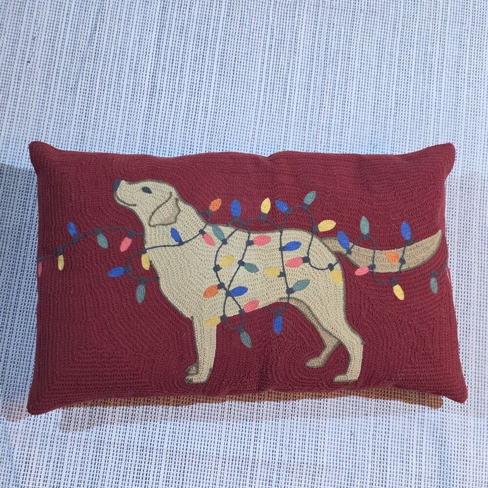 Pottery Barn Dog And Christmas Lights Crewel Embroidered Lumbar Burgundy Pillow